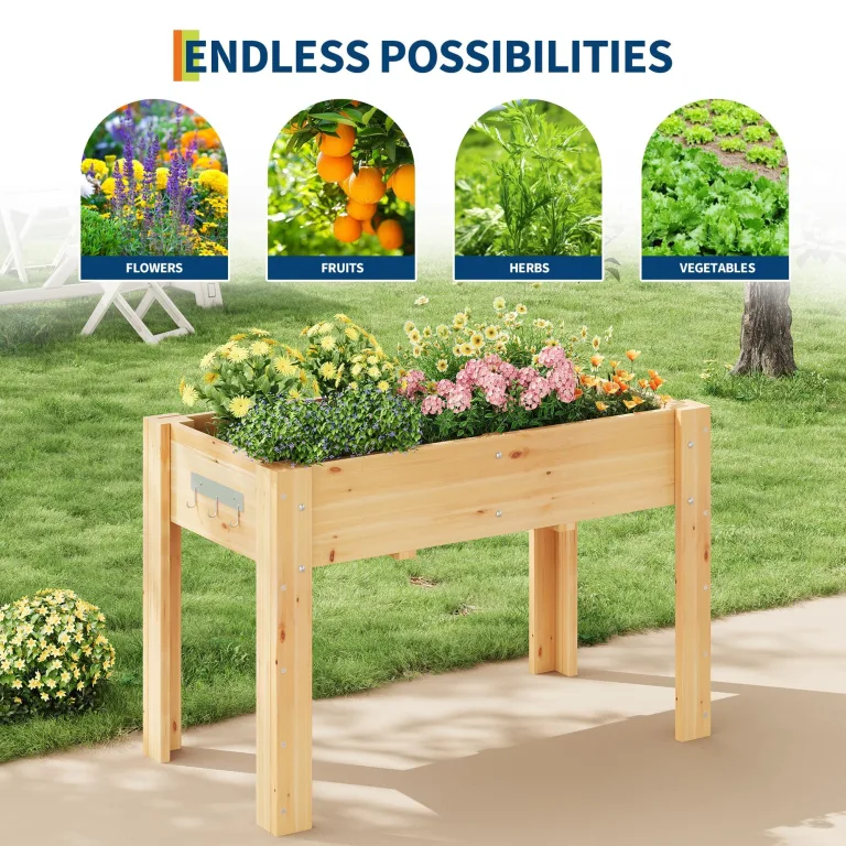 Acekool Hochbeet Mit Beinen 120x60x76 cm—Holz, Mit 3 Haken, Mit Vlieseinlage, Als Hochbeet Für Gemüse, Kräuter & Blumen, Für Balkon, Hof & Garten, Wetterfest & Einfache Montage – Bild 7