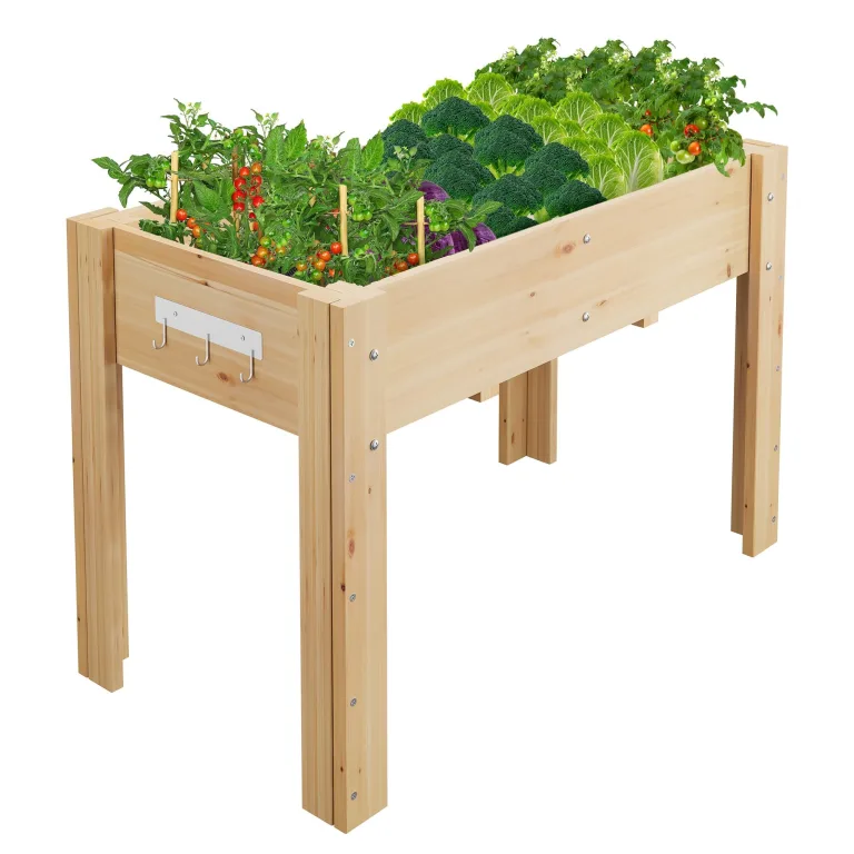 Acekool Hochbeet Mit Beinen 120x60x76 cm—Holz, Mit 3 Haken, Mit Vlieseinlage, Als Hochbeet Für Gemüse, Kräuter & Blumen, Für Balkon, Hof & Garten, Wetterfest & Einfache Montage – Bild 10