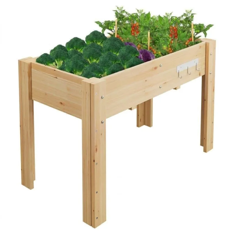 Acekool Hochbeet Mit Beinen 120x60x76 cm—Holz, Mit 3 Haken, Mit Vlieseinlage, Als Hochbeet Für Gemüse, Kräuter & Blumen, Für Balkon, Hof & Garten, Wetterfest & Einfache Montage – Bild 1