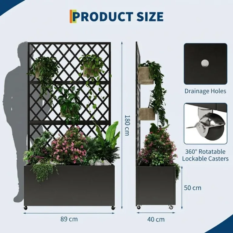 Hochbeet Metall Mit Rankgitter Und Sichtschutz 90x40x180 cm—Mit Räder, Als Hochbeet Für Kletterpflanzen, Gemüse & Blumen, Wetterfest & Einfache Montage, Schwarz – Bild 2