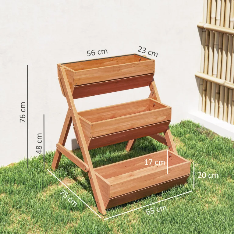 Outsunny Vertikales Hochbeet mit 3 Etagen Vertikalbeet aus Holz Blumenkasten mit 3 Pflanzkästen und Ablauflöchern Blumenbeet Kräuterbeet Blumentreppe für Terrasse Balkon Garten 65 x 75 x 76 cm Braun – Bild 7