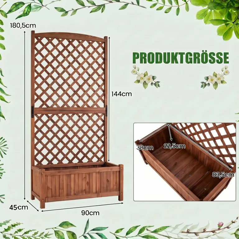 COSTWAY Blumenkasten mit Rankgitter, Pflanzkasten Tannenholz, Pflanzkübel mit Sichtschutz, Hochbeet mit Spalier, Drainagelöchern, Rankhilfe für Kletterpflanzen Garten Terrasse, 90x45x180,5cm (Braun) – Bild 3