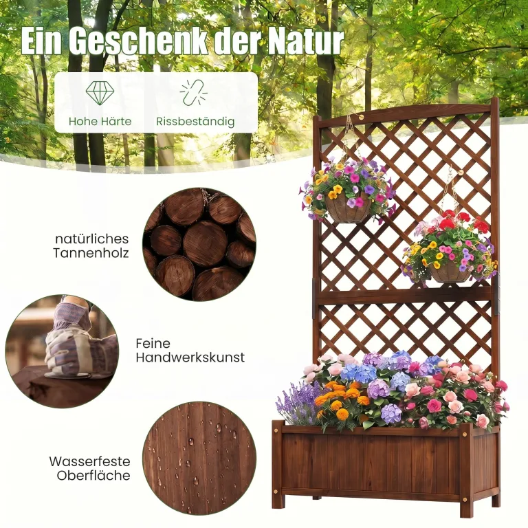 COSTWAY Blumenkasten mit Rankgitter, Pflanzkasten Tannenholz, Pflanzkübel mit Sichtschutz, Hochbeet mit Spalier, Drainagelöchern, Rankhilfe für Kletterpflanzen Garten Terrasse, 90x45x180,5cm (Braun) – Bild 6