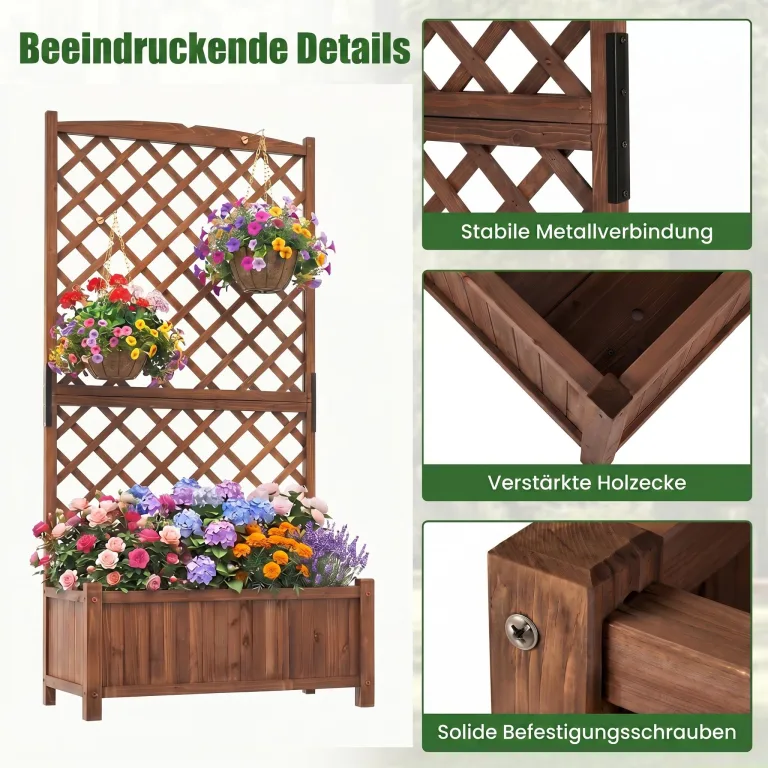 COSTWAY Blumenkasten mit Rankgitter, Pflanzkasten Tannenholz, Pflanzkübel mit Sichtschutz, Hochbeet mit Spalier, Drainagelöchern, Rankhilfe für Kletterpflanzen Garten Terrasse, 90x45x180,5cm (Braun) – Bild 7
