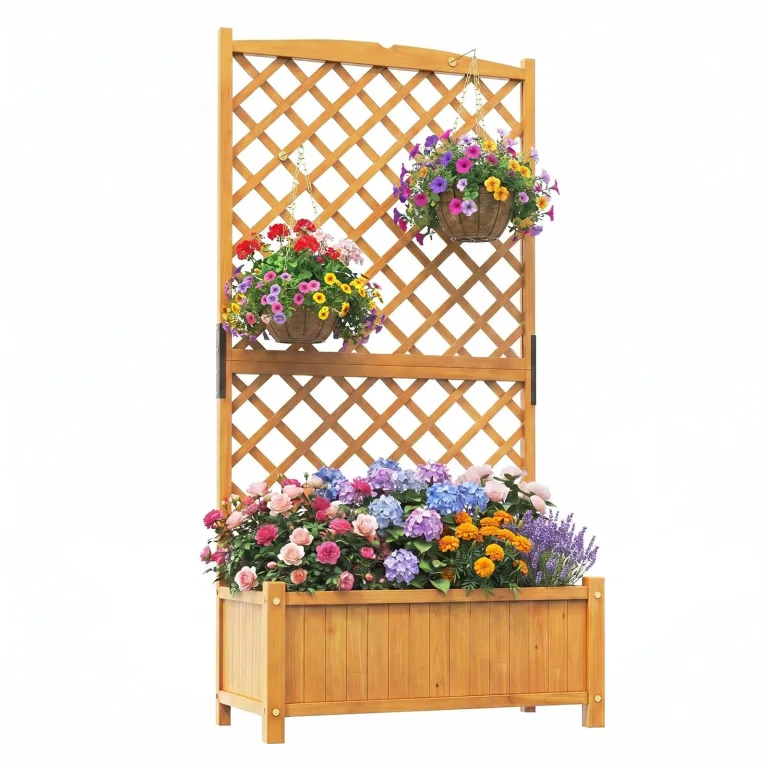 COSTWAY Blumenkasten mit Rankgitter, Pflanzkasten Tannenholz, Pflanzkübel mit Sichtschutz, Hochbeet mit Spalier, Drainagelöchern, Rankhilfe für Kletterpflanzen Garten Terrasse, 90x45x180,5cm (Braun) – Bild 10