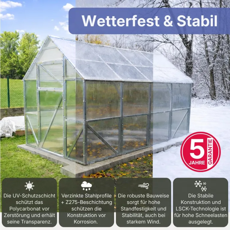Stahl Gewächshaus Comfort 200x400x220cm mit Fundament | UV-beständige 4 mm Hohlkammerplatten | Automatischer Fensteröffner inkl. | Winterfestes Tomatenhaus & Treibhaus für Garten – Bild 2