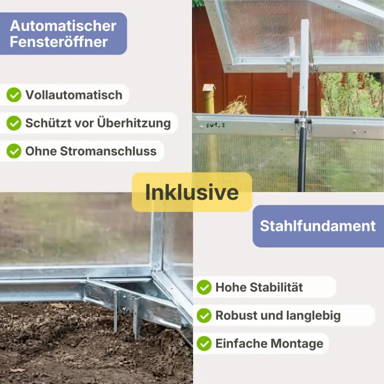 Stahl Gewächshaus Comfort 200x400x220cm mit Fundament | UV-beständige 4 mm Hohlkammerplatten | Automatischer Fensteröffner inkl. | Winterfestes Tomatenhaus & Treibhaus für Garten – Bild 5