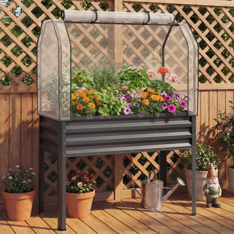 COSTWAY 3 in 1 Hochbeet mit PE-Abdeckung, erhöhtes Gartenbeet aus verzinktem Metall, Gewächshaus mit rollbarer Tür, Pflanzbeet Kräuterbeet für Garten Balkon Terrasse, 112 x 55 x 152 cm (Grau) – Bild 9