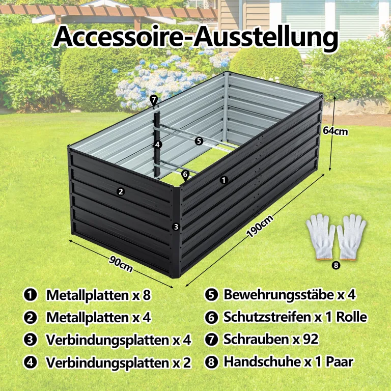 Hochbeet Metall 190x90x64 cm, Hochbeete aus Verzinktes Stahl, Wetterfest, Rostgeschützt, Sicherheitskante, Offener Boden, Pflanzkasten für Garten, Blumen, Gemüse & Kräuter, Anthrazit – Bild 6