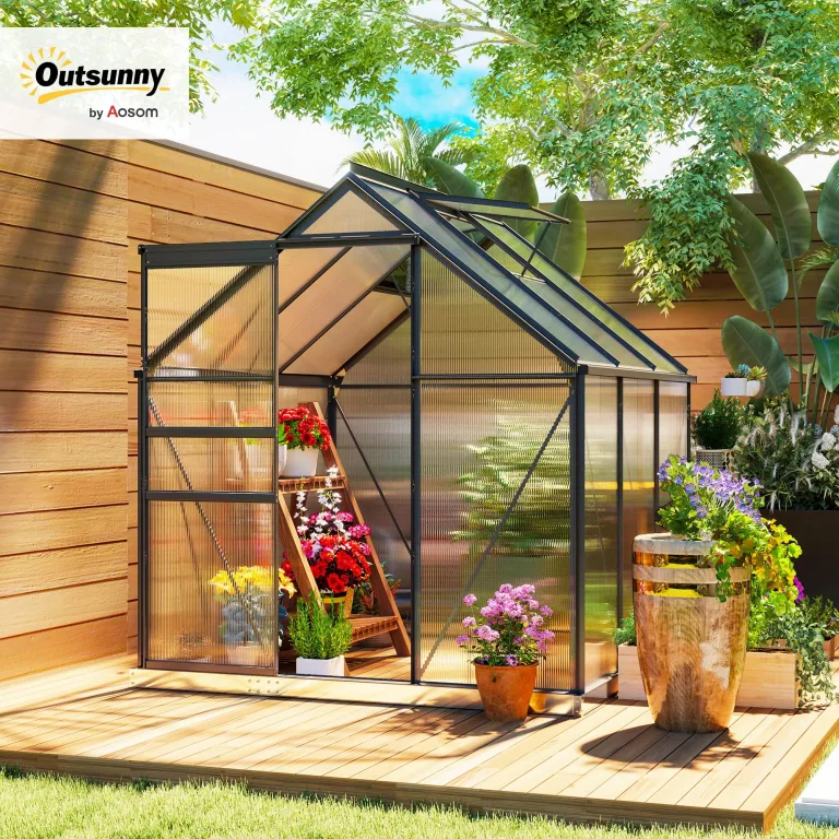Outsunny Gewächshaus für den Garten, aus Polycarbonat mit Rahmen aus Aluminiumlegierung, 3,6 m², Gewächshaus für den Garten mit Fundament, Dachrinnen, verstellbares Dachfenster, Flügeltür, für – Bild 2