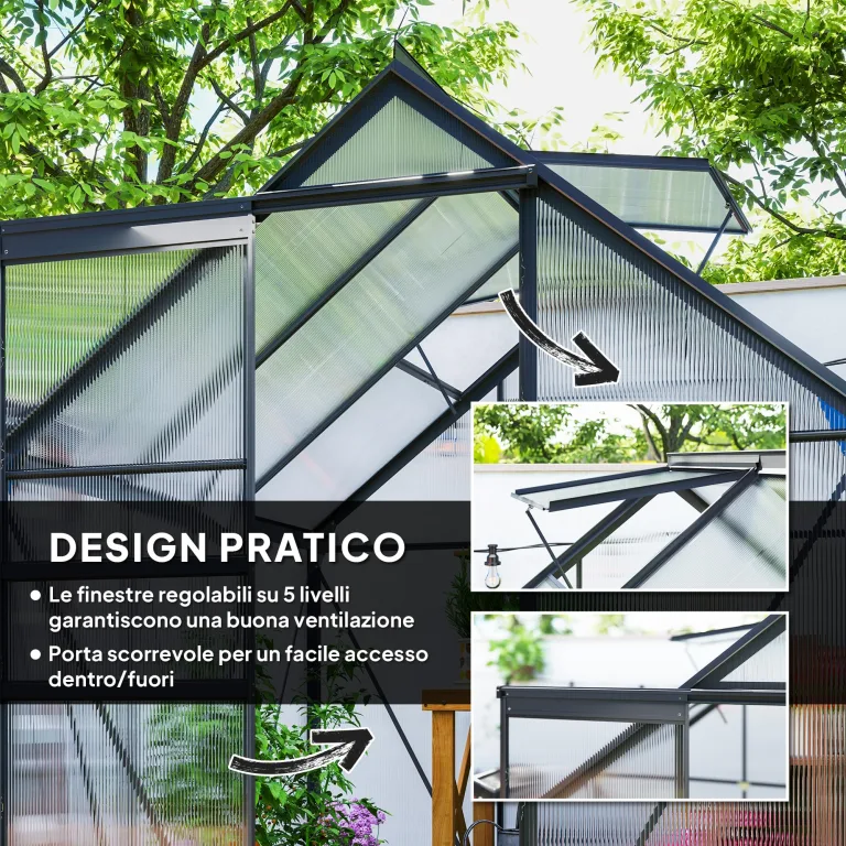 Outsunny Gewächshaus für den Garten, aus Polycarbonat mit Rahmen aus Aluminiumlegierung, 3,6 m², Gewächshaus für den Garten mit Fundament, Dachrinnen, verstellbares Dachfenster, Flügeltür, für – Bild 4