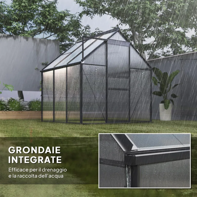Outsunny Gewächshaus für den Garten, aus Polycarbonat mit Rahmen aus Aluminiumlegierung, 3,6 m², Gewächshaus für den Garten mit Fundament, Dachrinnen, verstellbares Dachfenster, Flügeltür, für – Bild 5