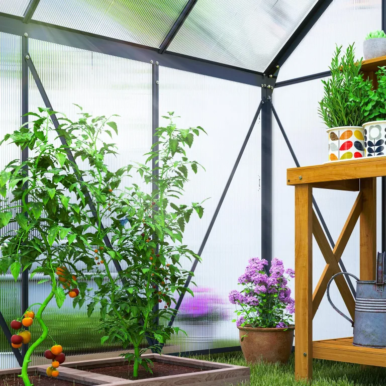 Outsunny Gewächshaus für den Garten, aus Polycarbonat mit Rahmen aus Aluminiumlegierung, 3,6 m², Gewächshaus für den Garten mit Fundament, Dachrinnen, verstellbares Dachfenster, Flügeltür, für – Bild 8