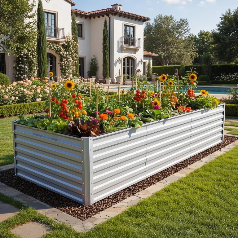 DWVO Hochbeete für den Garten,1550L Hochbeet aus Metall,Verzinkter Stahl 0.35 mm mit Sicherheitsrand und 4 Stützstangen für Gartenobst und gemüse(Silber,240 x 120 x 54 cm) – Bild 1