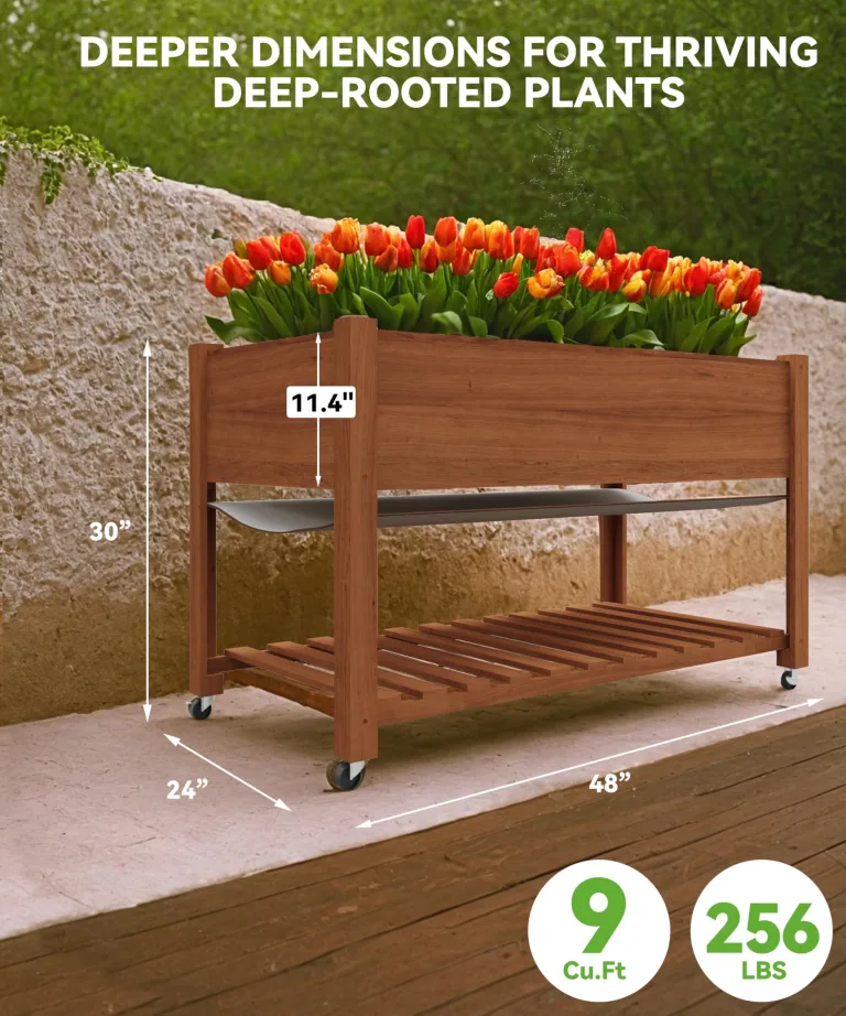 Hochbeet Aus Holz Mit Rollen Und Ablageboden 122x61x76 cm—Als Hochbeet Für Gemüse, Kräuter & Blumen, Wetterfest & Einfache Montage, Teak – Bild 2