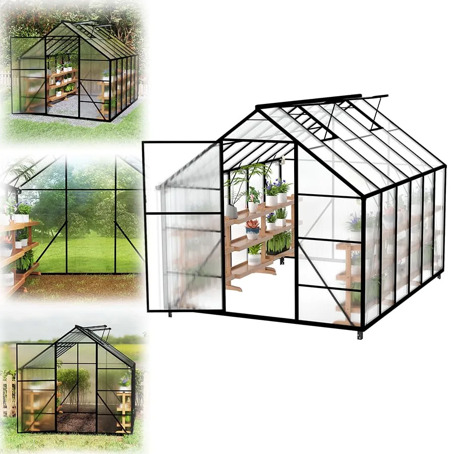 Gewächshaus mit Fundament 310x250x205 cm Tomatenhaus Treibhaus Gartengewächshaus Aluminium mit Schiebetür und Dachfenster - Stabil, Winterfest, UV-beständig