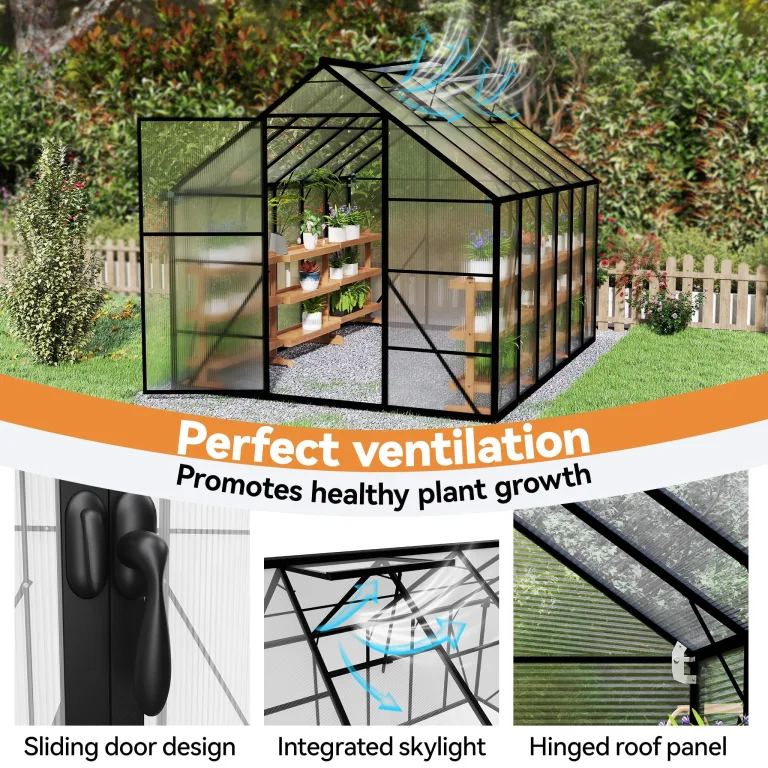 Gewächshaus mit Fundament 310x250x205 cm Tomatenhaus Treibhaus Gartengewächshaus Aluminium mit Schiebetür und Dachfenster - Stabil, Winterfest, UV-beständig – Bild 7