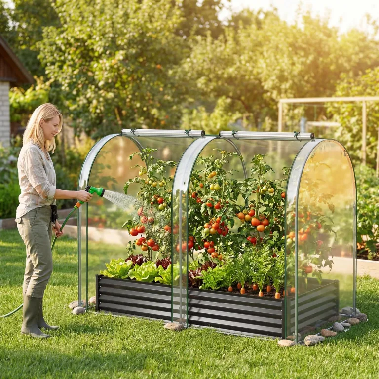COSTWAY 3 in 1 Hochbeet Metall mit Gewächshaus, Foliengewächshaus mit PVC-Abdeckung & 2 Fenstern, Frühbeet für Kräuter, Blumen & Gemüse, Blumenbeet für Balkon, Garten, 180x100x145 cm (Schwarz) – Bild 2