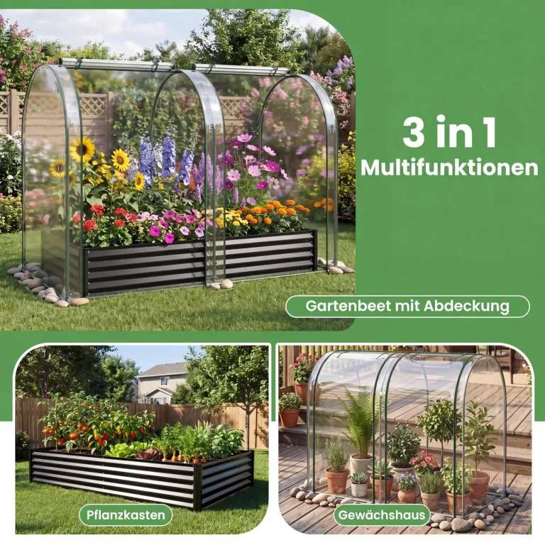 COSTWAY 3 in 1 Hochbeet Metall mit Gewächshaus, Foliengewächshaus mit PVC-Abdeckung & 2 Fenstern, Frühbeet für Kräuter, Blumen & Gemüse, Blumenbeet für Balkon, Garten, 180x100x145 cm (Schwarz) – Bild 4