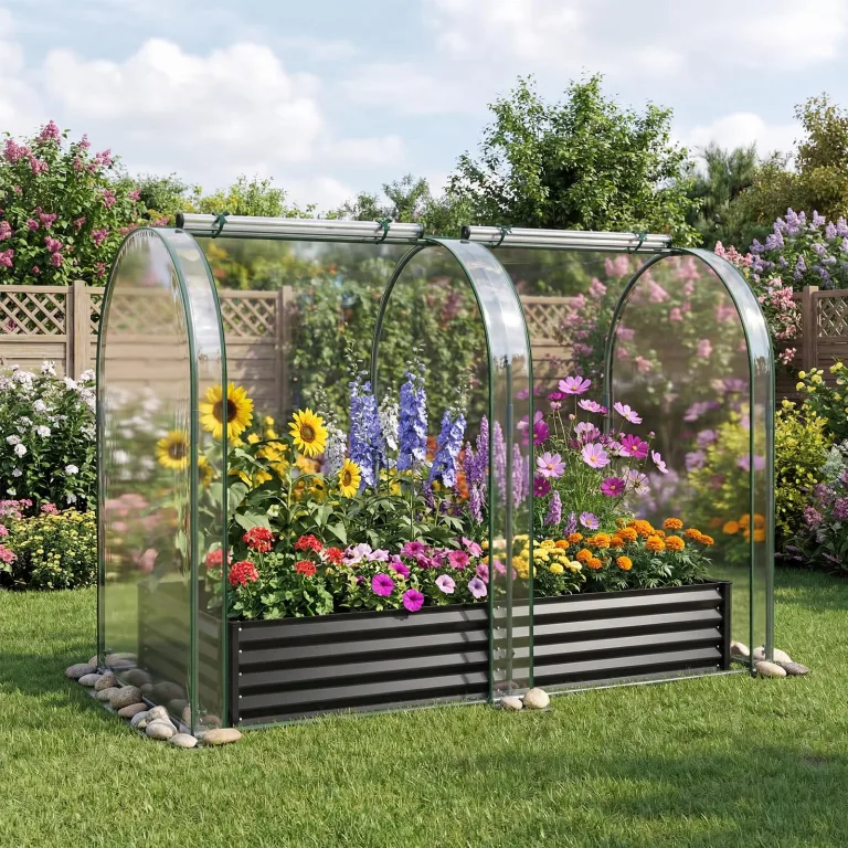 COSTWAY 3 in 1 Hochbeet Metall mit Gewächshaus, Foliengewächshaus mit PVC-Abdeckung & 2 Fenstern, Frühbeet für Kräuter, Blumen & Gemüse, Blumenbeet für Balkon, Garten, 180x100x145 cm (Schwarz) – Bild 9