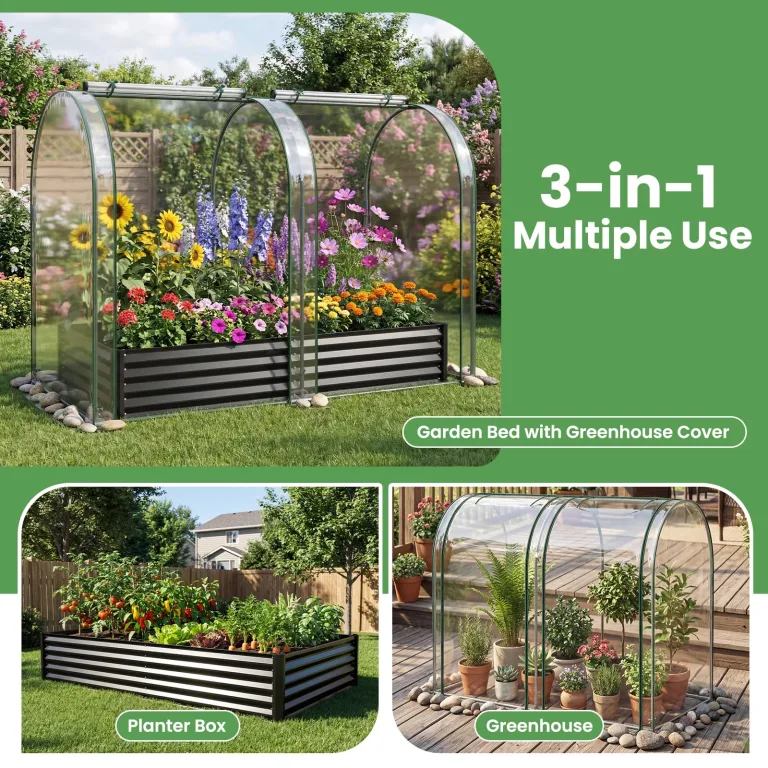 FANTASK 3 in 1 Gewächshaus mit Hochbeet, 180x100x145 cm, Hochbeet Frühbeet mit PVC-Abdeckung & 2 Fenstern, Foliengewächshaus für Kräuter, Blumen & Gemüse, Blumenkasten für Garten (Schwarz) – Bild 5
