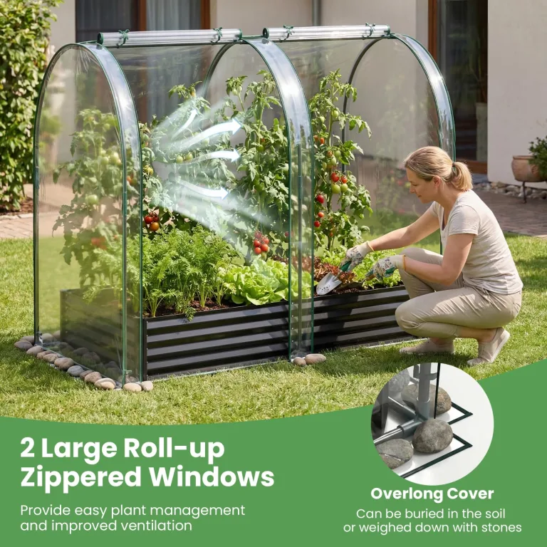 FANTASK 3 in 1 Gewächshaus mit Hochbeet, 180x100x145 cm, Hochbeet Frühbeet mit PVC-Abdeckung & 2 Fenstern, Foliengewächshaus für Kräuter, Blumen & Gemüse, Blumenkasten für Garten (Schwarz) – Bild 8