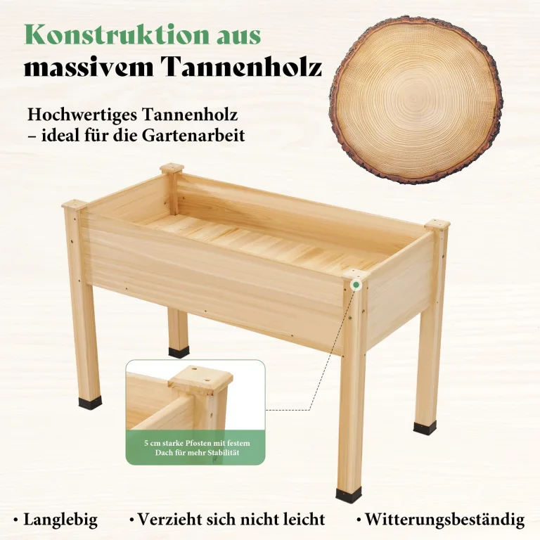 LUXOAK 122x61x77 cm Hochbeet aus Tannenholz mit Beinen, erhöhter Pflanzkasten mit Pflanzvlies, Trennwand und Drainagelöchern, 110 l Fassungsvermögen, für Garten und Terrasse, helles Holz – Bild 4