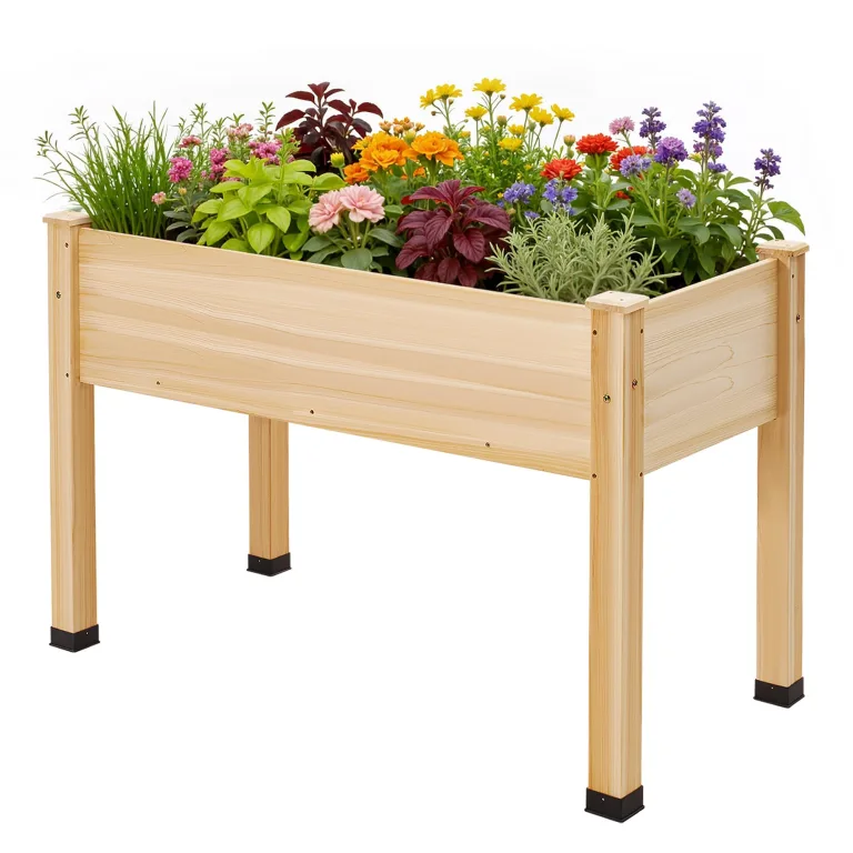 LUXOAK 122x61x77 cm Hochbeet aus Tannenholz mit Beinen, erhöhter Pflanzkasten mit Pflanzvlies, Trennwand und Drainagelöchern, 110 l Fassungsvermögen, für Garten und Terrasse, helles Holz – Bild 8