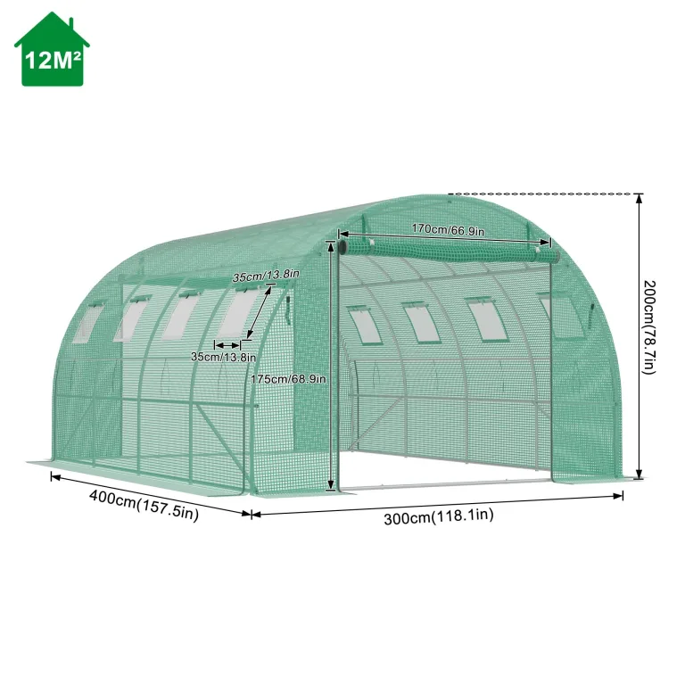 Gewächshaus Foliengewächshaus 400x300x200 cm Tomatenhaus Folientunnel mit verzinktem Stahlrahmen Winterfest Stabil Treibhaus Gartengewächshaus für Garten & Anzucht Grün – Bild 2
