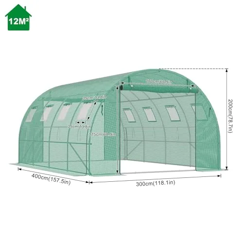 Gewächshaus Foliengewächshaus 400x300x200 cm Tomatenhaus Folientunnel mit verzinktem Stahlrahmen Winterfest Stabil Treibhaus Gartengewächshaus für Garten & Anzucht Grün – Bild 3