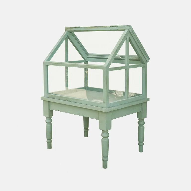 Loberon Gewächshaus Isoméline - Stilvoller Landhauscharakter - Kleine Pflanzenoase - Gedrechselte Beine - Outdoorgeeignet - Tannenholz - Acrylglas, antikgrün – Bild 3