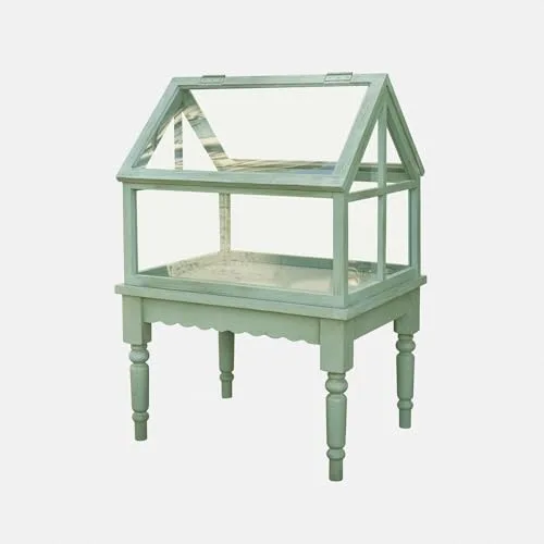 Loberon Gewächshaus Isoméline - Stilvoller Landhauscharakter - Kleine Pflanzenoase - Gedrechselte Beine - Outdoorgeeignet - Tannenholz - Acrylglas, antikgrün – Bild 8