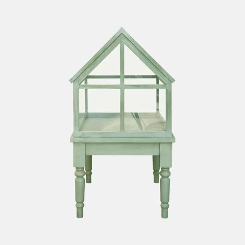 Loberon Gewächshaus Isoméline - Stilvoller Landhauscharakter - Kleine Pflanzenoase - Gedrechselte Beine - Outdoorgeeignet - Tannenholz - Acrylglas, antikgrün – Bild 9