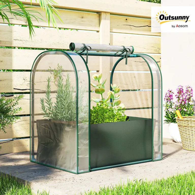 Outsunny Mini-Gewächshaus mit Pflanztasche, aufrollbare Tür, tragbares Mini-Gewächshaus für Balkon, Terrasse, Patio, Garten, 68 x 50 x 70 cm, Dunkelgrün – Bild 2