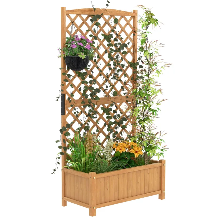 GOPLUS Blumenkasten mit Rankgitter, Hochbeet mit Spalier, Pflanzkasten Holz mit Abflussloch, Pflanzkübel mit Sichtschutz, Gartenbeet für Kletterpflanzen, für Garten & Balkon, 90x45x180,5 cm (Braun) – Bild 2