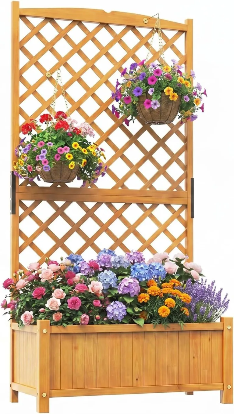 GOPLUS Blumenkasten mit Rankgitter, Hochbeet mit Spalier, Pflanzkasten Holz mit Abflussloch, Pflanzkübel mit Sichtschutz, Gartenbeet für Kletterpflanzen, für Garten & Balkon, 90x45x180,5 cm (Braun) – Bild 3