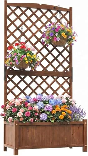 GOPLUS Blumenkasten mit Rankgitter, Hochbeet mit Spalier, Pflanzkasten Holz mit Abflussloch, Pflanzkübel mit Sichtschutz, Gartenbeet für Kletterpflanzen, für Garten & Balkon, 90x45x180,5 cm (Braun) – Bild 4