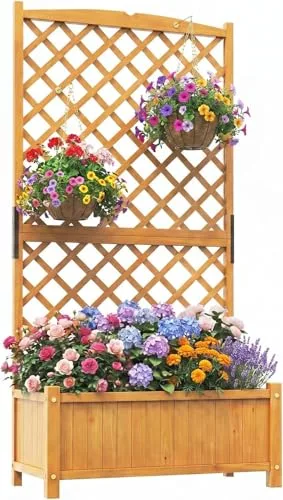 GOPLUS Blumenkasten mit Rankgitter, Hochbeet mit Spalier, Pflanzkasten Holz mit Abflussloch, Pflanzkübel mit Sichtschutz, Gartenbeet für Kletterpflanzen, für Garten & Balkon, 90x45x180,5 cm (Braun) – Bild 6