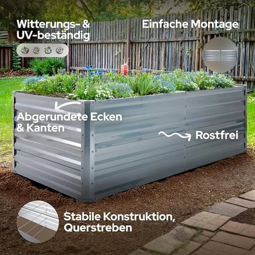 Arebos Hochbeet Metall 180x90x59 cm Anthrazit | Gartenbeet & Gemüsebeet aus verzinktem Stahl | Wetterfest & Rostfrei | Pflanzbeet für Garten, Terrasse & Balkon | Bausatz ohne Boden – Bild 9