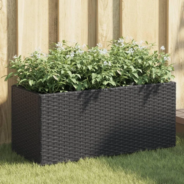 Pflanzkübel Pflanzgefäß Blumenkasten Gartenpflanzen Gartenbeet Hochbeet Gartenpflanzen Frühbeet Pflanzkasten mit 2 Töpfen 2 STK. Schwarz 72x30x32 cm Poly Rattan – Bild 1