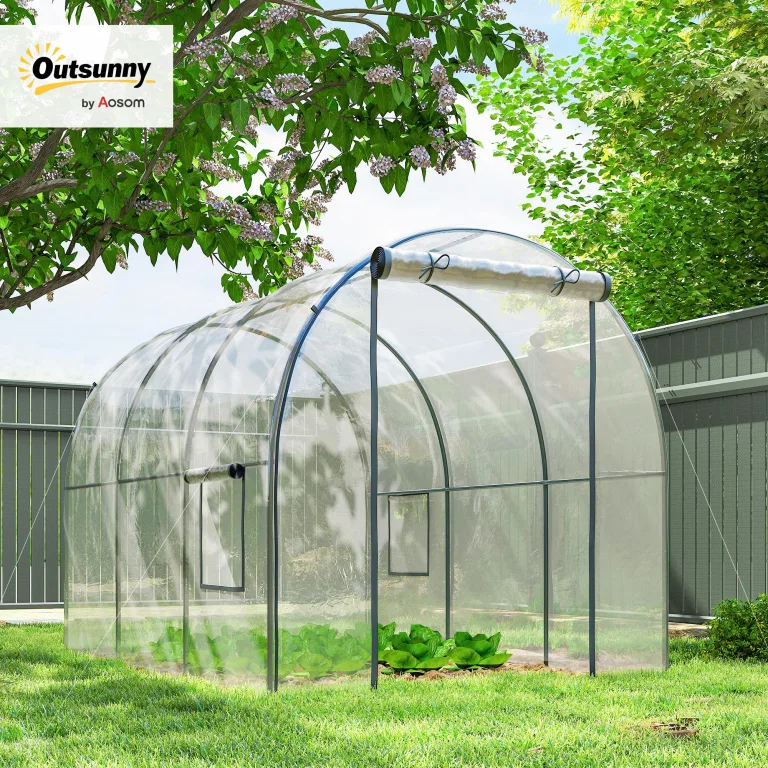 Outsunny Garten-Gewächshaus, Tunnel, verstärktes Rohrgestell, Bodenfläche 6 m², Tür mit Reißverschluss, 2 aufrollbare Fenster, Tomatengewächshaus, 3 x 2 x 2 m, transparent – Bild 2