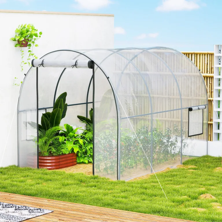 Outsunny Garten-Gewächshaus, Tunnel, verstärktes Rohrgestell, Bodenfläche 6 m², Tür mit Reißverschluss, 2 aufrollbare Fenster, Tomatengewächshaus, 3 x 2 x 2 m, transparent – Bild 9