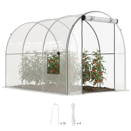 Outsunny Garten-Gewächshaus, Tunnel, verstärktes Rohrgestell, Bodenfläche 6 m², Tür mit Reißverschluss, 2 aufrollbare Fenster, Tomatengewächshaus, 3 x 2 x 2 m, transparent – Bild 10