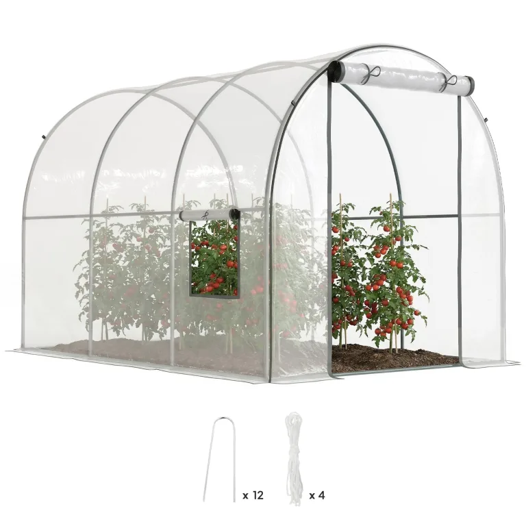 Outsunny Garten-Gewächshaus, Tunnel, verstärktes Rohrgestell, Bodenfläche 6 m², Tür mit Reißverschluss, 2 aufrollbare Fenster, Tomatengewächshaus, 3 x 2 x 2 m, transparent – Bild 1