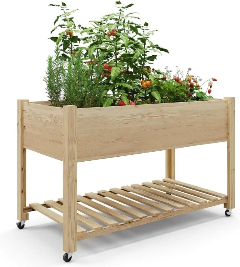 Garvee Hochbeet Holz, Blumenbett, Kräuterbeet, Frühbeet, mit Pflanzfolie, Abflusslöchern und seitlichen Haken, erhöhter Pflanzkasten-Ständer, für Garten, Terrasse, Balkon, Eiche, 122×61×76 cm – Bild 9