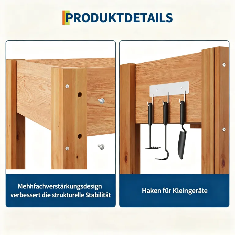 Garvee Hochbeet Holz, Blumenbett, Kräuterbeet, Frühbeet, mit Pflanzfolie, Abflusslöchern und seitlichen Haken, erhöhter Pflanzkasten-Ständer, für Garten, Terrasse, Balkon, Eiche, 86×46×76 cm – Bild 4