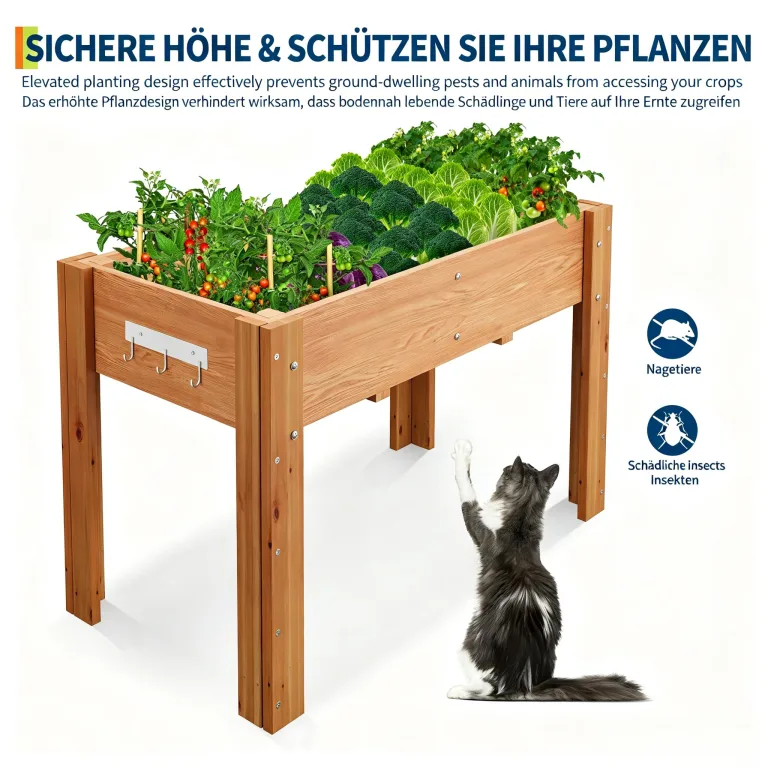 Garvee Hochbeet Holz, Blumenbett, Kräuterbeet, Frühbeet, mit Pflanzfolie, Abflusslöchern und seitlichen Haken, erhöhter Pflanzkasten-Ständer, für Garten, Terrasse, Balkon, Eiche, 86×46×76 cm – Bild 5