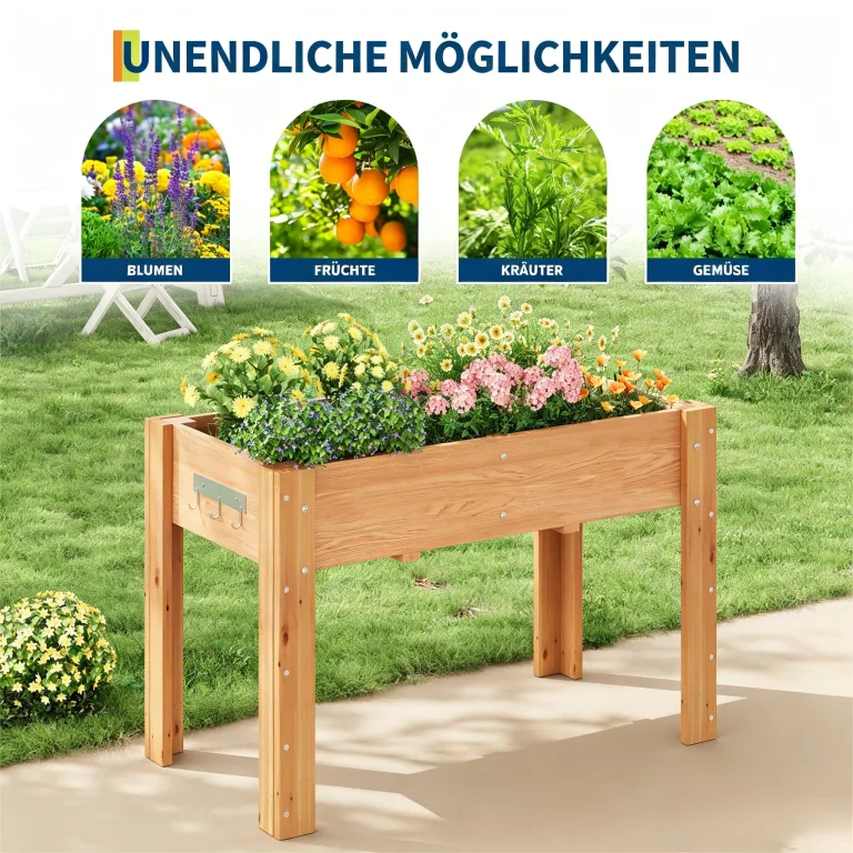 Garvee Hochbeet Holz, Blumenbett, Kräuterbeet, Frühbeet, mit Pflanzfolie, Abflusslöchern und seitlichen Haken, erhöhter Pflanzkasten-Ständer, für Garten, Terrasse, Balkon, Eiche, 86×46×76 cm – Bild 7