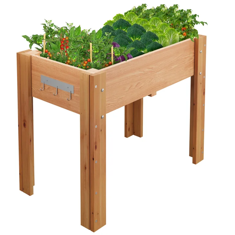 Garvee Hochbeet Holz, Blumenbett, Kräuterbeet, Frühbeet, mit Pflanzfolie, Abflusslöchern und seitlichen Haken, erhöhter Pflanzkasten-Ständer, für Garten, Terrasse, Balkon, Eiche, 86×46×76 cm – Bild 1
