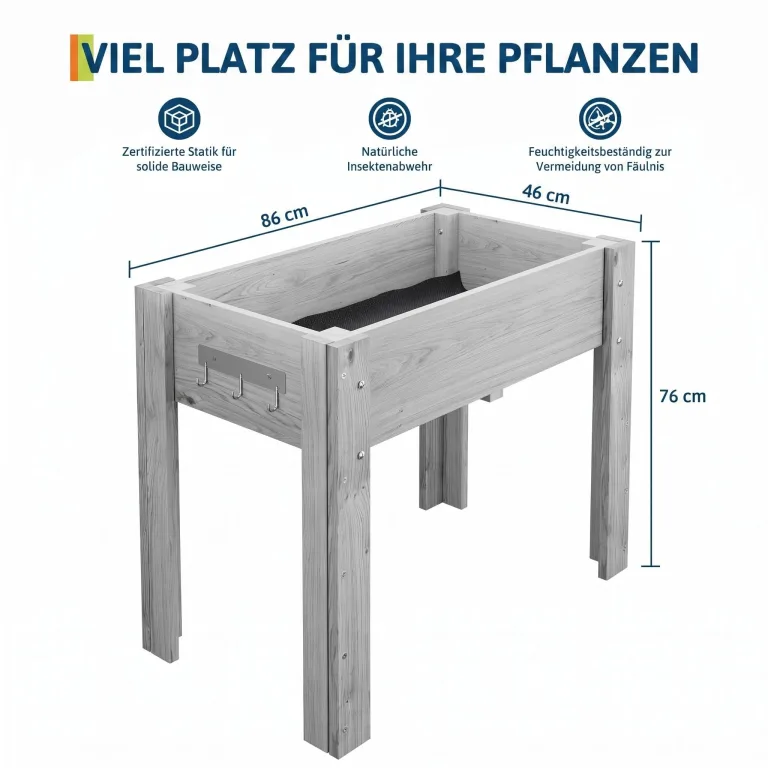 Garvee Hochbeet Holz, Blumenbett, Kräuterbeet, Frühbeet, mit Pflanzfolie, Abflusslöchern und seitlichen Haken, erhöhter Pflanzkasten-Ständer, für Garten, Terrasse, Balkon, Grau, 86×46×76 cm – Bild 2
